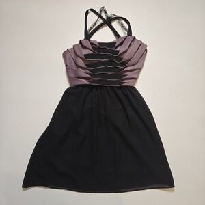 BCBGeneration Cocktail Dress Black Mauve Pleated Bodice Cross Strap Avant Size 4